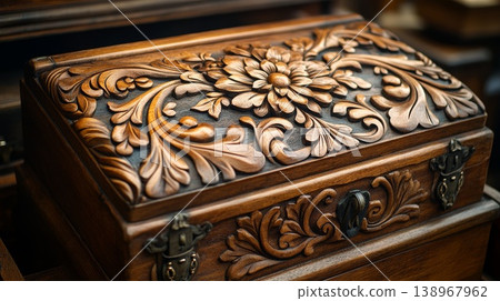 Close-up of a detailed hand-carved wooden jewelry box featuring ornate floral and leaf motifs Close-up of a detailed hand-carved wooden jewelry box featuring ornate floral and leaf motifs 138967962