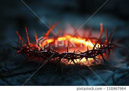 Glowing crown of thorns on a dark dramatic background Glowing crown of thorns on a dark dramatic background 138967964