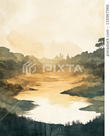 Mystical hidden golden city outline in a serene landscape Mystical hidden golden city outline in a serene landscape 138967966