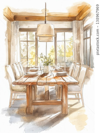 Watercolor illustration of a rustic dining room with a wooden table and chairs set for a meal Watercolor illustration of a rustic dining room with a wooden table and chairs set for a meal 138967969