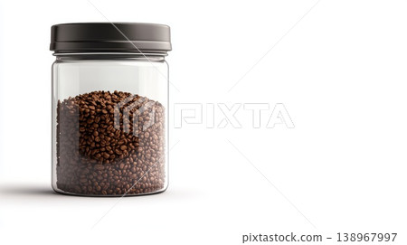 Clear glass jar filled with coffee granules on white background Clear glass jar filled with coffee granules on white background 138967997