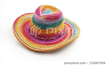 Colorful woven straw summer hat isolated on white background Colorful woven straw summer hat isolated on white background 138967999