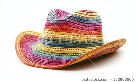 Colorful woven summer straw hat isolated on a clean white background 138968000