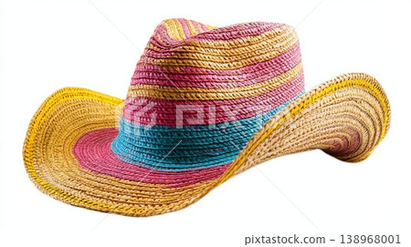 Isolated colorful striped straw hat on a white background Isolated colorful striped straw hat on a white background 138968001
