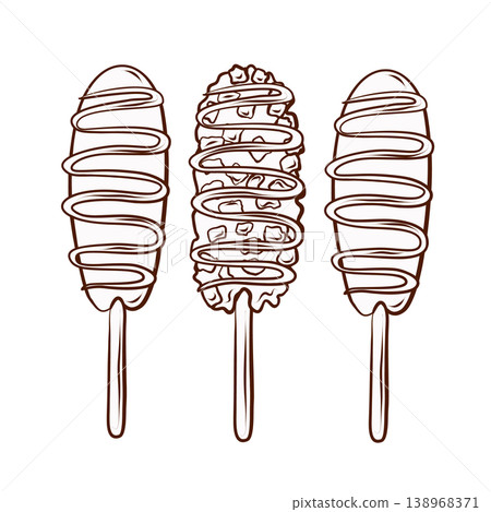 Corn dogs set. Vector illustration in clean hand-drawn line art style. Street food snack collection for fast food menus, festival posters, takeaway packaging, diner graphics and food flyers. Corn dogs set. Vector illustration in clean hand-drawn line art style. Street food snack collection for fast food menus, festival posters, takeaway packaging, diner graphics and food flyers. 138968371