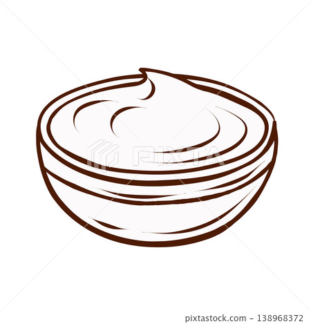 Dipping sauce in bowl. Vector illustration in clean hand-drawn line art style. Condiment element for fast food menus, takeaway packaging, recipe cards, cafe posters and restaurant graphics. 138968372