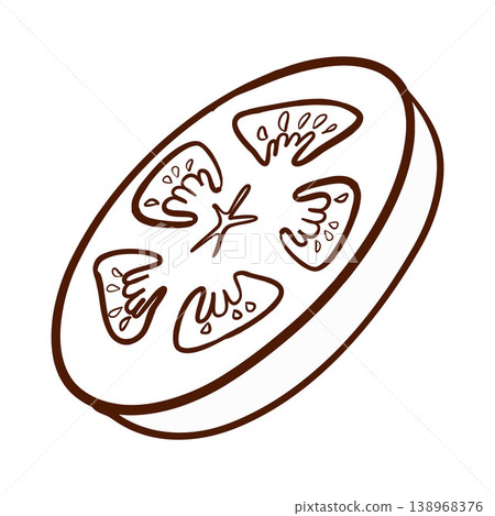 Tomato slice. Vector illustration in engraving style. Fresh vegetable ingredient icon used for burger menus, recipe cards, food infographics, restaurant labels, and food blog graphics. Tomato slice. Vector illustration in engraving style. Fresh vegetable ingredient icon used for burger menus, recipe cards, food infographics, restaurant labels, and food blog graphics. 138968376