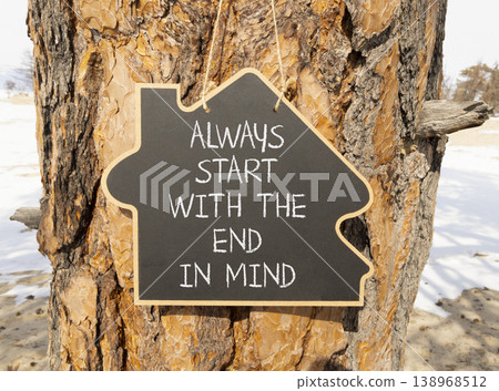 Start with the end in mind symbol. Concept words Always start with the end in mind on beautiful blackboard. Beautiful old pine tree background. Business start with the end in mind concept. Copy space. 138968512
