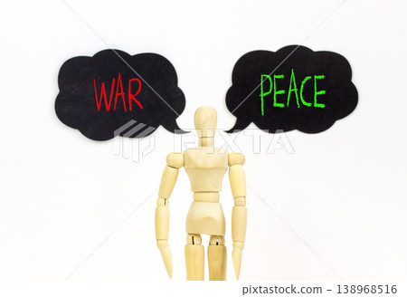 Peace instead war symbol. Concept words Peace and War on beautiful black speech bubbles. Beautiful white background. Businessman model. Social and peace instead war concept. Copy space. Peace instead war symbol. Concept words Peace and War on beautiful black speech bubbles. Beautiful white background. Businessman model. Social and peace instead war concept. Copy space. 138968516