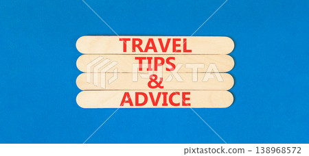 Travel tips and advice words symbol. Concept words Travel tips and advice on beautiful wooden sticks. Beautiful blue background. Business lifestyle travel tips and advice concept. Copy space. Travel tips and advice words symbol. Concept words Travel tips and advice on beautiful wooden sticks. Beautiful blue background. Business lifestyle travel tips and advice concept. Copy space. 138968572