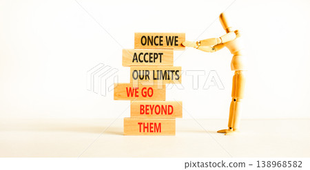 Beyond limits symbol. Concept words Once we accept our limits we go beyond them on wooden Sticks. Beautiful white background. Business Once we accept our limits we go beyond them concept. Copy space. Beyond limits symbol. Concept words Once we accept our limits we go beyond them on wooden Sticks. Beautiful white background. Business Once we accept our limits we go beyond them concept. Copy space. 138968582