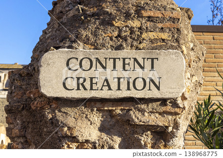 Time for content creation symbol. Concept words Content creation on beautiful big white sign plate. Beautiful old brown brick wall background. Business time for content creation concept. Copy space 138968775