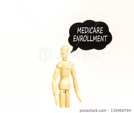 Medicare enrollment words symbol. Concept words Medicare enrollment on beautiful black speech bubble. Beautiful white background. Doctor model. Medical Medicare enrollment words concept. Copy space. 138968794