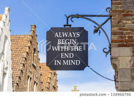 Begin with the end in mind symbol. Concept words Always begin with the end in mind on beautiful black road sign. Beautiful blue sky background. Business begin with the end in mind concept. Copy space. 138968798