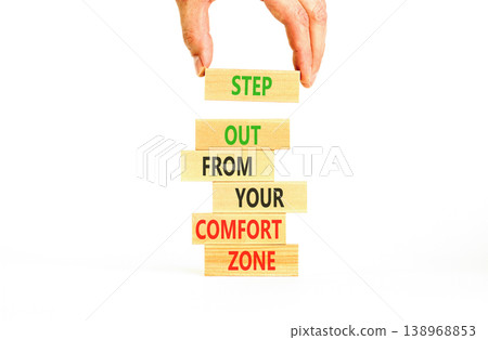Leave comfort zone symbol. Concept words Step out of your comfort zone on beautiful wooden stick. Beautiful white background. Business psychological step out your comfort zone concept. Copy space. Leave comfort zone symbol. Concept words Step out of your comfort zone on beautiful wooden stick. Beautiful white background. Business psychological step out your comfort zone concept. Copy space. 138968853