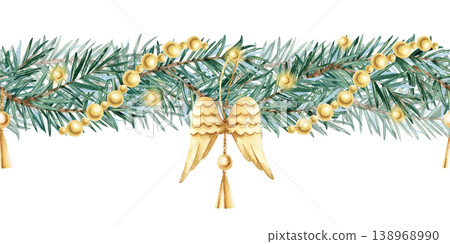 Watercolor spruce garland seamless border decorated elegant hanging golden angel wings, beads. Festive isolated illustration for Christmas greeting card, New Year invitations, winter holiday frame Watercolor spruce garland seamless border decorated elegant hanging golden angel wings, beads. Festive isolated illustration for Christmas greeting card, New Year invitations, winter holiday frame 138968990