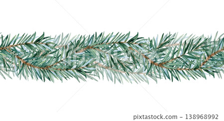 Watercolor seamless border of fir branches. Evergreen pine spruce garland repeat frame. Illustration isolated from background. Hand painted fluffy twig Christmas decoration, wedding in rustic style Watercolor seamless border of fir branches. Evergreen pine spruce garland repeat frame. Illustration isolated from background. Hand painted fluffy twig Christmas decoration, wedding in rustic style 138968992