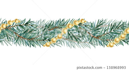 Watercolor spruce garland seamless border decorated elegant golden beads. Festive hand painted isolated illustration for Christmas greeting card, New Year invitations, winter holiday horizontal frame 138968993