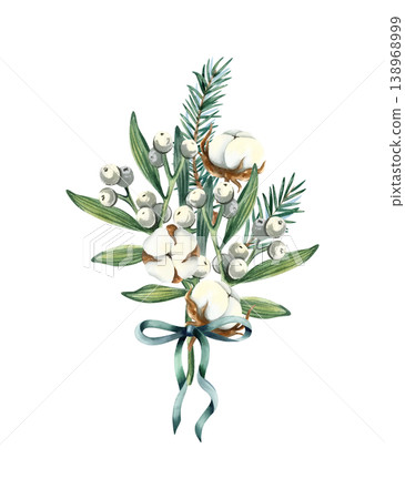 Mistletoe, spruce branch, cotton tied with green bow composition. Christmas holly icon arrangement. Traditional festive winter bouquet with white berries. Watercolor hand drawn isolated illustration Mistletoe, spruce branch, cotton tied with green bow composition. Christmas holly icon arrangement. Traditional festive winter bouquet with white berries. Watercolor hand drawn isolated illustration 138968999