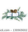 White gift box with pine cones is lying on spruce branches. Festive watercolor illustration isolated on transparent background. Hand painted fir arrangement for winter holidays, greeting card 138969002