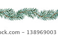 Watercolor seamless border of curved spruce branches. Evergreen pine fir garland repeat ornament. Illustration isolated from background. Hand painted Christmas decoration, wedding in rustic style 138969003