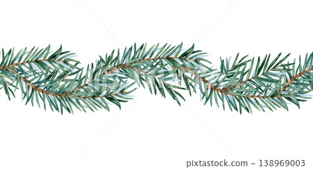 Watercolor seamless border of curved spruce branches. Evergreen pine fir garland repeat ornament. Illustration isolated from background. Hand painted Christmas decoration, wedding in rustic style Watercolor seamless border of curved spruce branches. Evergreen pine fir garland repeat ornament. Illustration isolated from background. Hand painted Christmas decoration, wedding in rustic style 138969003