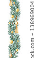 Watercolor seamless border of curved spruce branches with golden decoration. Vertical fir garland repeat ornament. Illustration isolated from background. Hand painted holiday festive Christmas frame 138969004