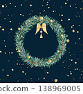 Watercolor wreath fir branches with golden beads, hanging toy angel wings on dark background template with copy space. Festive spruce branch circle frame. Hand painted isolated illustration, card 138969005
