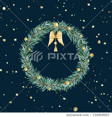 Watercolor wreath fir branches with golden beads, hanging toy angel wings on dark background template with copy space. Festive spruce branch circle frame. Hand painted isolated illustration, card Watercolor wreath fir branches with golden beads, hanging toy angel wings on dark background template with copy space. Festive spruce branch circle frame. Hand painted isolated illustration, card 138969005