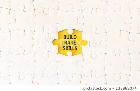 Build rare skills words symbol. Concept words Build rare skills on beautiful white puzzles. Beautiful yellow background. Business and build rare skills concept. Copy space. Build rare skills words symbol. Concept words Build rare skills on beautiful white puzzles. Beautiful yellow background. Business and build rare skills concept. Copy space. 138969074