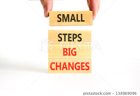 Small steps big changes words symbol. Concept words Small steps big changes on beautiful wooden blocks. Beautiful white background. Business motivational small steps big changes concept. Copy space. Small steps big changes words symbol. Concept words Small steps big changes on beautiful wooden blocks. Beautiful white background. Business motivational small steps big changes concept. Copy space. 138969096