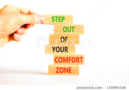 Leave comfort zone symbol. Concept words Step out of your comfort zone on beautiful wooden stick. Beautiful white background. Business psychological step out your comfort zone concept. Copy space. Leave comfort zone symbol. Concept words Step out of your comfort zone on beautiful wooden stick. Beautiful white background. Business psychological step out your comfort zone concept. Copy space. 138969106