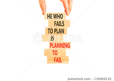 Planning to fail symbol. Concept words He who fails to plan is planning to fail on beautiful wooden blocks. Beautiful white background. Businessman hand. Business planning to fail concept. Copy space Planning to fail symbol. Concept words He who fails to plan is planning to fail on beautiful wooden blocks. Beautiful white background. Businessman hand. Business planning to fail concept. Copy space 138969116