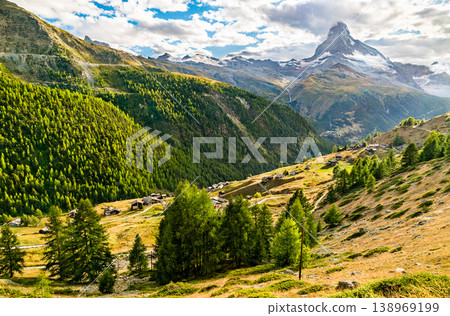 The Matterhorn mountain seen from a panoramic trail near Zermatt, Switzerland The Matterhorn mountain seen from a panoramic trail near Zermatt, Switzerland 138969199