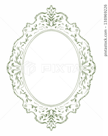 Oval frame design watercolor hand painted. Vintage ornate frame with delicate details and intricate tracery. Perfect for invitations, postcards, or elegant designs. 138969226