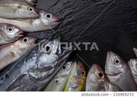 Variety of Raw Fish on Stone Background Top View. 138969233