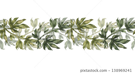 Seamless border of green peony branches isolated on white. Watercolor botanical greenery with soft natural texture for floral compositions, wedding design, branding, packaging, elegant botanical decor 138969241
