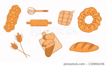 Bread baking set with tools and wheat ears Bread baking set with tools and wheat ears 138969246