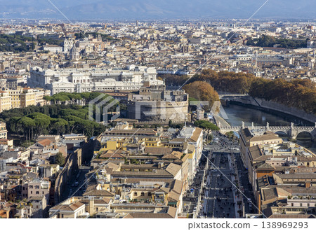 Panoramic view of Vatican City and Rome from St. Peter's Basilica dome offering an expansive. St. Peter's Square Rome panoramic cityscape. View from dome of St. Peters Basilica. Popular tourist place. 138969293