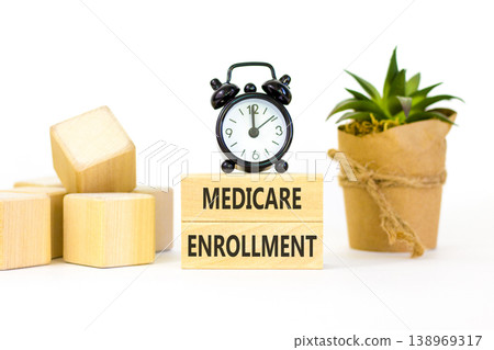 Medicare enrollment words symbol. Concept words Medicare enrollment on beautiful wooden blocks. Beautiful white background. Black alarm clock. Medical and Medicare enrollment words concept. Copy space 138969317