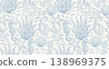Blue and white sealife vector seamless pattern. School of fishes, seaweed, seahorses, seashells, starfishes and corals. Marine print 138969375