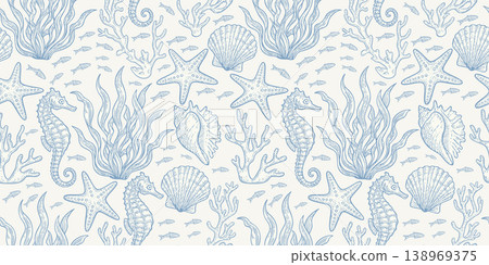 Blue and white sealife vector seamless pattern. School of fishes, seaweed, seahorses, seashells, starfishes and corals. Marine print Blue and white sealife vector seamless pattern. School of fishes, seaweed, seahorses, seashells, starfishes and corals. Marine print 138969375
