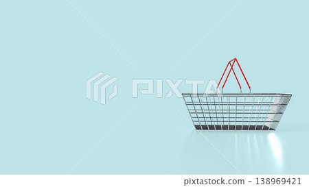 Minimalist Wire Shopping Basket With Red Handles Isolated On Blue Background 3d render. Minimalist Wire Shopping Basket With Red Handles Isolated On Blue Background 3d render. 138969421