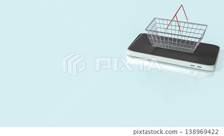 Online Shopping Concept With Wire Basket On Smartphone Screen 3d render. 138969422