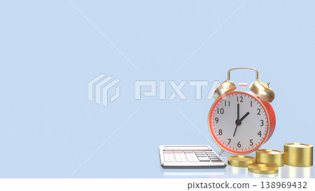 Time Management And Financial Planning Concept With Clock Coins And Calculator 3d render. Time Management And Financial Planning Concept With Clock Coins And Calculator 3d render. 138969432