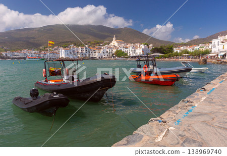 Inflatable boats moored in Cadaques harbor, Catalonia, Spain Inflatable boats moored in Cadaques harbor, Catalonia, Spain 138969740