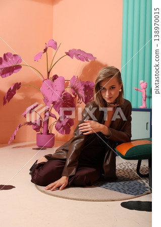 Fashioned scene with designer reflecting on vibrant room details Fashioned scene with designer reflecting on vibrant room details 138970015