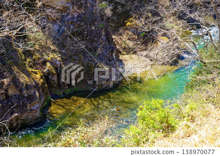 Natori River gorge and rocky cliffs, waterfalls, Raikyo Gorge, Akiu Onsen Natori River gorge and rocky cliffs, waterfalls, Raikyo Gorge, Akiu Onsen 138970077