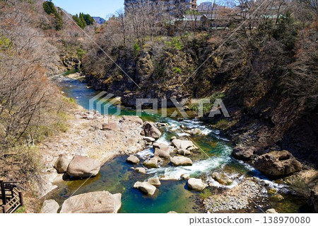 Natori River gorge and rocky cliffs, waterfalls, Raikyo Gorge, Akiu Onsen Natori River gorge and rocky cliffs, waterfalls, Raikyo Gorge, Akiu Onsen 138970080