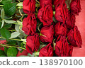 Red roses with green leaves arranged in rows on a red background. 138970100